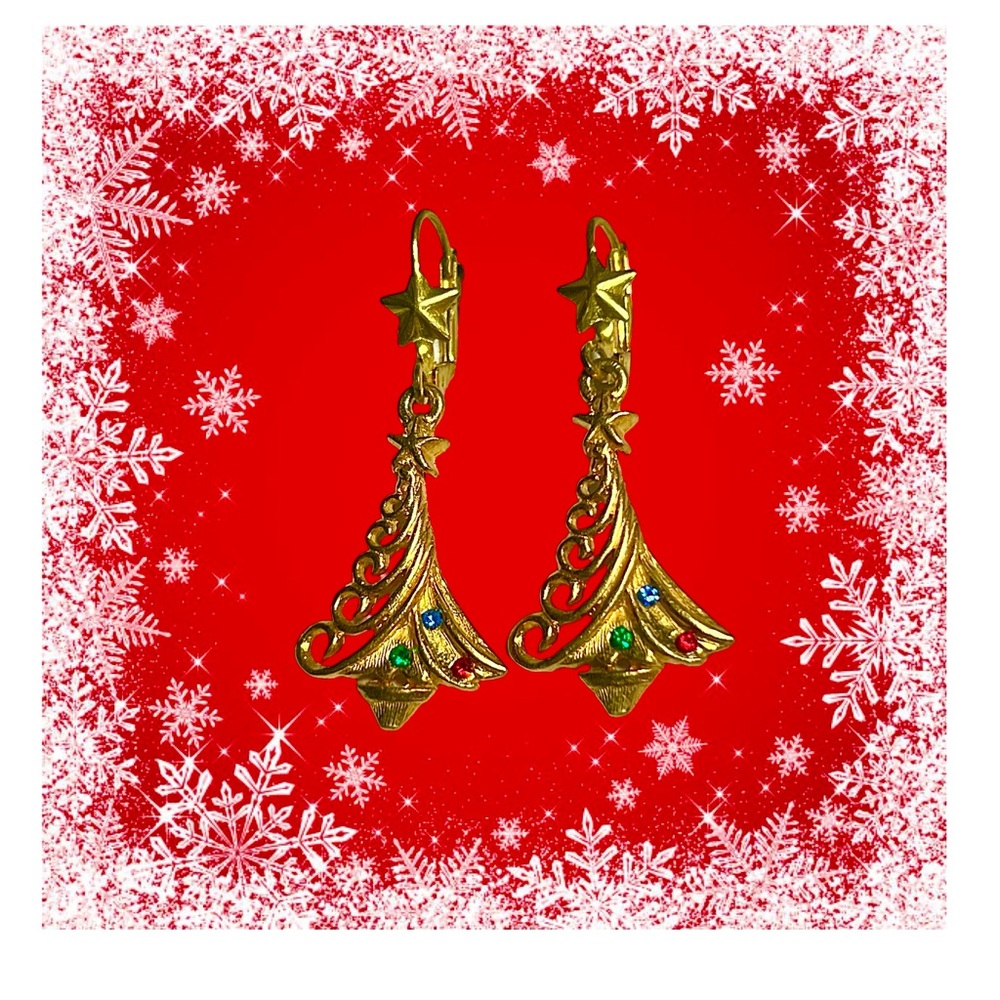 Festive Gold Christmas Tree Earrings 1 5/8”